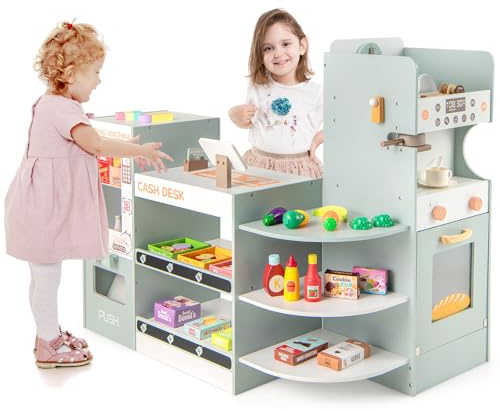 GYMAX Kids Grocery Store, Wooden Pretend Play Shop with Coffee Maker, Vending Machine, Cash Register, Oven, Display Shelves & Accessories, Children Supermarket Playset for 3+ Year Old (Green)