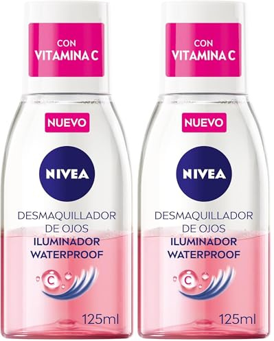 NIVEA Desmaquillador de Ojos Iluminador Waterproof (1 x 125 ml), desmaquillante para contorno de ojos resistente al agua, limpiador facial energizante de fórmula bifásica con Vitamina C (Paquete de 2)