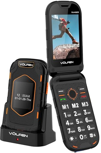 Volfen Ranger - Teléfono Robusto de Tapa para Personas Mayores de Doble Pantalla, Botones y Teclas Grandes, Fácil de Usar, USB-C, 3 Memorias Directas, Base de Carga, Negro/Amarillo