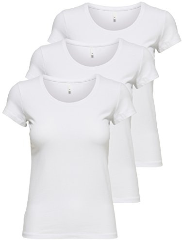 ONLY - 15209153 - Lot de 3 t-shirts pour femme - Noirs ou blancs - Manches courtes - Longs - Basiques - T-shirts d'été - Tailles XS, S, M, L et XL, Blanc., S