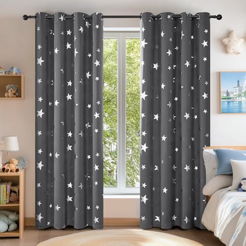 Deconovo Lot de 2 Rideaux Occultant Isotants Thermique Anti Froids Rideau pour Petite Fenetre à Oeillets Motifs Etoile Argente Gris Foncé 140×240CM