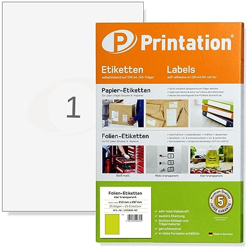 Printation Folienetiketten 210 x 297 mm klar transparent auf DIN A4 Bogen - 1 Etikett glasklar/durchsichtig pro A4 Blatt / 25 Blatt - 25 Aufkleber transparent bedruckbar selbstklebend f. Laser Drucker