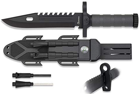 Albainox - 32537, Coltello nero con selce, affilatrice e bussola, lama da 19 cm, Manico in ABS per la casa, la pesca, il campeggio, l'outdoor, la sopravvivenza e il bushcraft