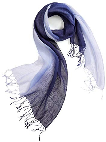 Prettystern Bufanda con flecos en batik 100% lino con efecto tie-dye azul degradado - T69 azul oscuro