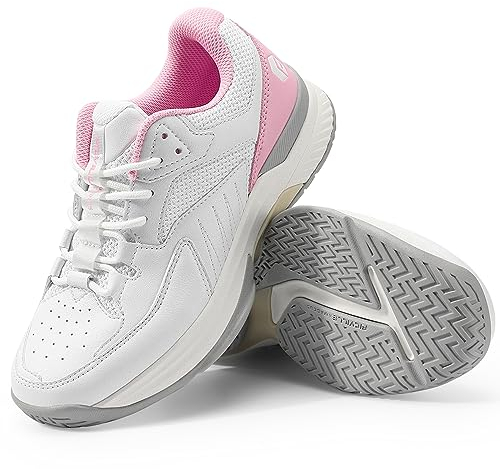 FitVille Extra Weit Tennisschuhe Damen Breit Hallenturnschuh Atmungsaktiv Training Schuhe für Tennis Badminton Walking Fitnessstudio Weiß-Rosa 41 EU Weit