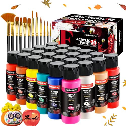 Fantastory Acrylfarben Set 24x 60ml,12 Pinsel;Exzellente Deckkraft,hohe Lichtechtheit,wasserfest Acrylic Paint;für Leinwand,Holz,Keramik,Modelle;Künstler,Profis,Anfänger[ProfessionelleSerie]