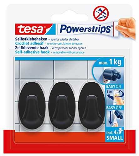 Tesa Powerstrips Crochets Adhésifs Ovale - 3 x Crochets Muraux Autocollants - Accessoire Salle de Bain et Porte-serviette - Fixation Sans Percer - Force de Maintien de 1 kg - Noir
