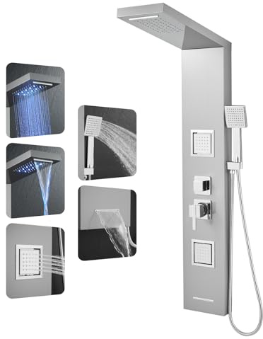 ROVOGO Shower Panel Tower System with Led Lights, Rainfall Waterfall Shower Head, 2 Big Body Jets, Handheld and Tub Spout, Stainless Steel Shower Column Brushed