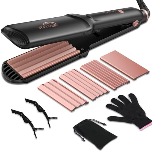 Sixriver Hair Crimper for Women, 4 in 1 Flat Crimping Iron Plates Ceramic Waver Hair Tool, Hair Straightener Curling Iron with 15s Fast Heating, Rose Gold