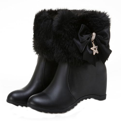 DEVILEYEZE Women Winter Warm Hidden Wedge Snow Booties Leather Cute Bowknot Rhinestones Fluffy Fur Lined Thickening Side Zipper Ankle Boots (black,9,9,Women)