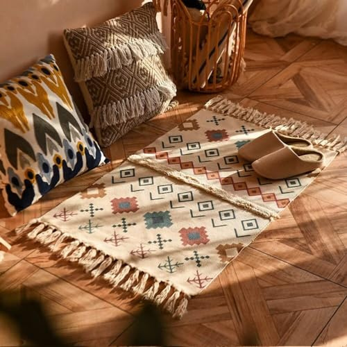Plancholo Tuftad bomullsmatta med tofsar, boho-matta löpare för vardagsrum sovrum tvättstuga entré 60 x 90 cm