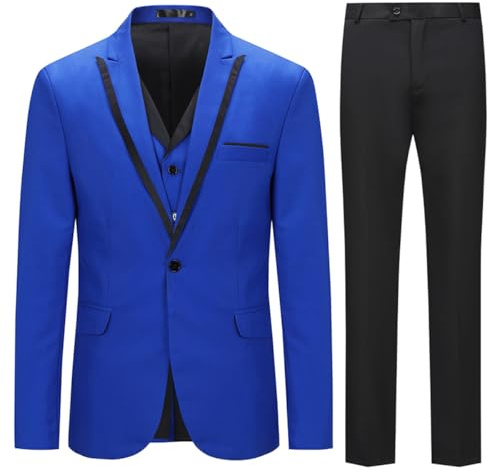 Allthemen Abito da Uomo in 3 Pezzi Slim Fit Completo da Sposa con Un Bottone Blazer da Abito per Lavoro Gilet Pantaloni per Matrimonio Blu XXL