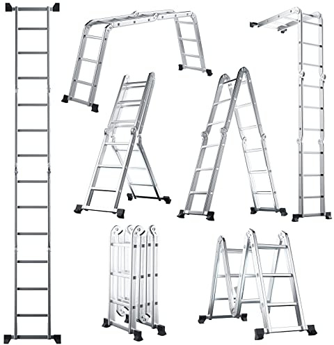 COSTWAY 7-in-1 Folding Ladder, 3.7M/4.6M Multi-Purpose Aluminum Extension Ladder with Safety Locking Hinge, Portable Heavy Duty Scaffolding Platform Combination Ladder, 150kg Weight Capacity (3.7M)