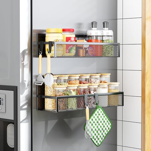 Aufworld Magnetic Spice Rack for Refrigerator, 2 Pack Magnetic Shelf, Fridge Magnet Organizer with Moveable 4 Hooks, Magnet Fridge Shelf for Kitchen Organization and Storage (2 Pack)