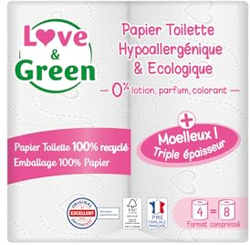 Love & Green - 3-lagiges Toilettenpapier – 3-lagig – hypoallergen (Dermatest zertifiziert) und umweltfreundlich (FSC-zertifiziert) – 4 komprimierte Rollen = 8