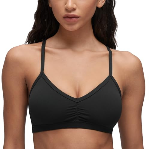 CRZ YOGA Butterluxe Ruched Sports Bras for Women - V Neck Spaghetti Thin Strap Y Back Wireless Padded Yoga Crop Top Black Large