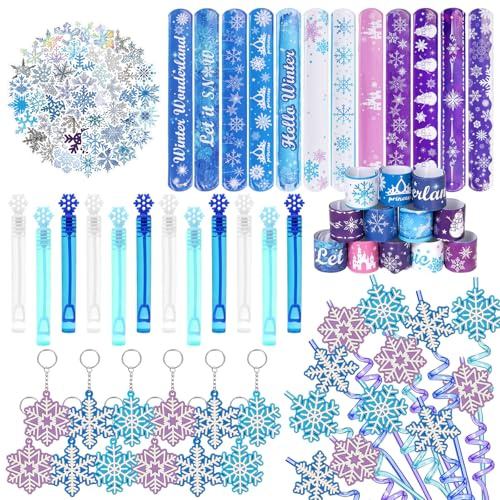 98 unidades de copo de nieve, regalos de cumpleaños infantiles, regalos de invitados, copo de nieve de invierno, pegatinas con pulsera de chupito para niños, llaveros, fiesta de princesa, regalo para
