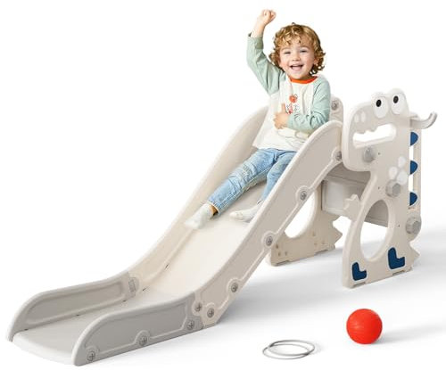 Kinderrutsche,extralange Rutschbahn,freistehende Kleinkindrutsche mit Basketballkorb, Kleinkindklettergerüst, Montessori Baby-Gartenrutschen-Spielset,für drinnen und draußen (Dinosaurier-Beige Grau)