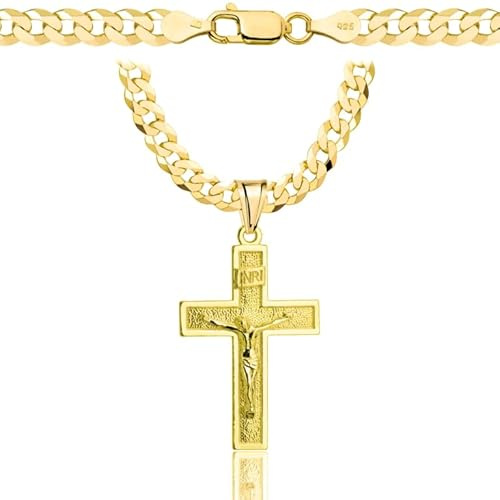 Collar de oro AMAR OPRAVA para hombre con cruz 585, Cadena de hombre 925/585 - cadena de cruz para hombre en oro 585 macizo - 5 mm, Cadena de cruz - Collar de oro con cruz - cadena de oro tipo Panzer
