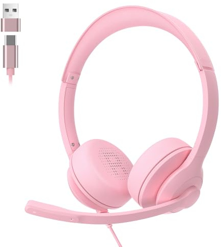 Wired Headset with Noise Cancelling Microphone | On-Ear Office Headset for PC/Laptop | Mute Button & All-Day Comfort for Call Center, Video Conferencing, Remote Work,Online Class-Pink