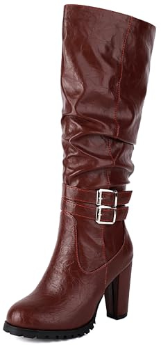 Lroey Reoly Donna Tacco Alto a Blocco Stivali Alti con Plateau Punta Rotonda Slouch Cx880 Rosso Numero 33 EU