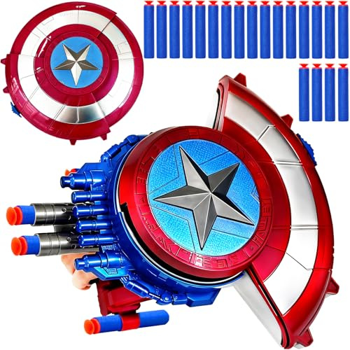 YMMAALE Captain Superhero Shield Blaster Toy, Dart Shooting Shield with 20 Foam Darts, Cosplay Prop for Adults, Roleplay, Halloween & Party Entertainment