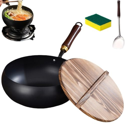 SMTSEC Japansk järnpanna, 24/26/28 cm Biennll järnpanna handgjord utan beläggning non-stick-panna gjord av rent järn, järnpanna smidd för gasspis och induktionsspis, trälock 28 cm