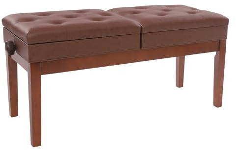 Banc de piano double siège avec espace de rangement - Grand tabouret de piano pour 2 personnes - Assises indépendantes réglables en hauteur - 108 x 39 x 48 cm (marron)