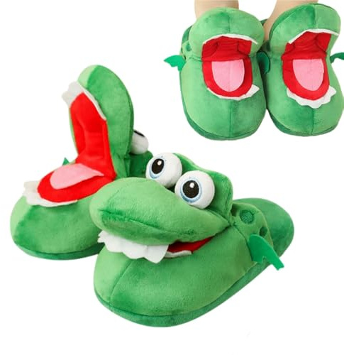 Pantofole divertenti in peluche a forma di coccodrillo, calde, unisex, antiscivolo, invernali, per interni (bambini e adulti), Verde, 37.5/40 EU