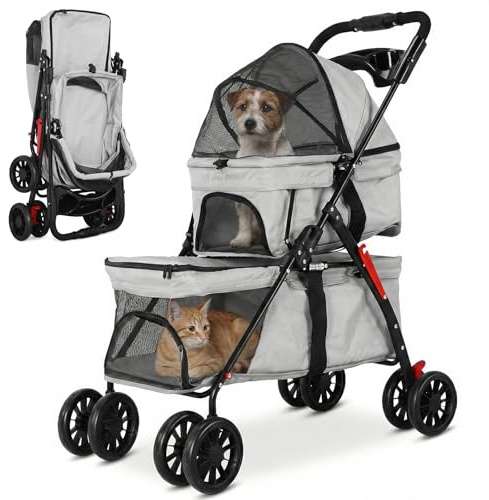 Passeggino per animali domestici a doppio strato per cani e gatti di piccola e media taglia, 3 in 1, pieghevole, passeggino da viaggio leggero, 100 cm x 73 cm x 49 cm (grigio)