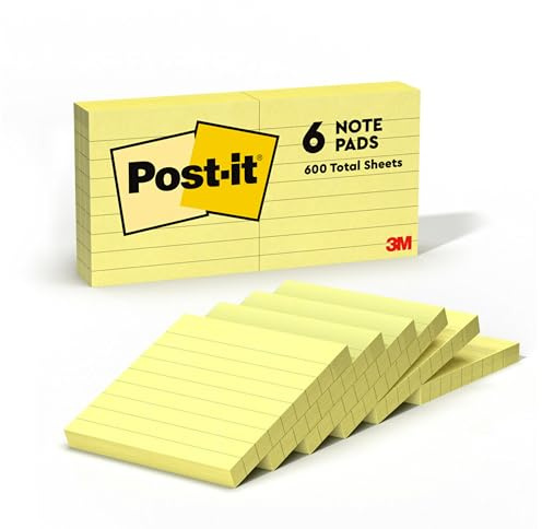 Post-it Notes Canary Yellow, Lined - 6 Pads 76 mm x 76 mm, 100 Sheets per Pad - Extra Sticky Notes for Walls, Monitors and Fridge