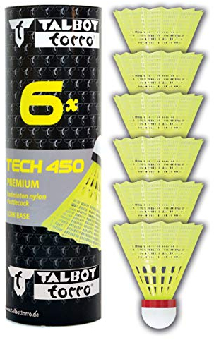 Talbot-Torro® Badminton Ball Tech 450, 6er Dose, Gelb, Geschwindigkeit Rot/Schnell, Premium-Nylonfederball, Federball Shuttle, Federbälle, Shuttlecocks, Nylonshuttles, für Indoor & Outdoor Federball & Badminton