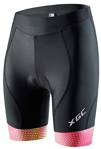 XGC Women's Quick Dry Cycling Shorts/Bike Shorts and Cycling Underwear with High-Density High-Elasticity and Highly Breathable 4D Sponge Padded (Pink_Yellow, L)