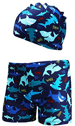 XIVISTO Garçon Short de Bain Enfant Boxer de Piscine avec Bonnet Cartoon Séchage Rapide Maillot de Bain 3-11 Ans