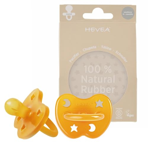 HEVEA Naturkautschuk Schnuller RUND Form, Neugeborene 0+ Monate - Hygienisches Einteiliges Design für Neugeborene bis Kleinkinder, BPA-frei, Weich & Langlebig - Zweierpack (Natürlich)