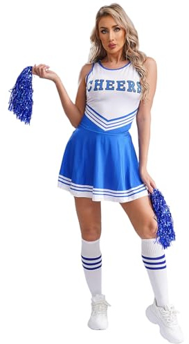 renvena Damen Cheer Leader Kostüm Set Minikleid mit Pompons Strümpfe Karneval Halloween Fasching Cosplay Outfit Party Tanz Kostüme Blau M