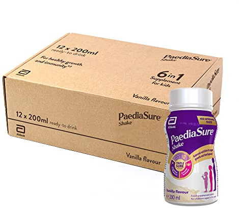 PaediaSure Shake Ready-To-Drink Bottles, 12 x 200ml, Vanilla Flavour, Supplement for Kids with 26 Vitamins & Minerals, Vitamin D, Iron & Protein, Supports Kids’ Healthy Growth & Immunity