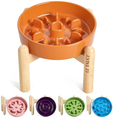 LE TAUCI Ceramic Slow Feed Dog Bowls, Elevated, Anti-Gulping, Non-Slip, 6 inch, Orange