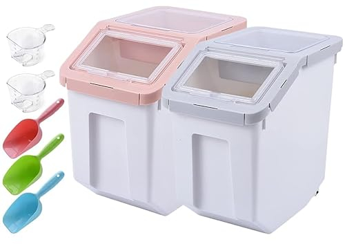 RUIAN Dog Food Storage Container 20Lb Grain Storage Barrels Sealed Bucket on Wheels Dog Cat Dry Food Bin Rice Flour Boxes with Scoop and Measuring Cup, Gray & Pink 2Pcs