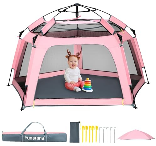 Funsland Intérieur Parc Bébé Pliable - Parc Enfant 8S Pop Up,175x110x90cm Tente Exterieur 3-4 Garçons Filles, Anti UV Playpen de Jeux Bebe, Cabane Plage,Jardin,Camping,Chambre,Cadeau, Couleur Rose