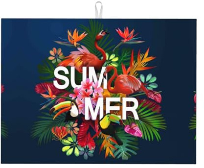 Tapete de secado de platos de verano con pájaros y flores, tapete grande de microfibra para encimera de cocina, tapete de secado de platos súper absorbente, tapete de secado de platos fácil de limpiar