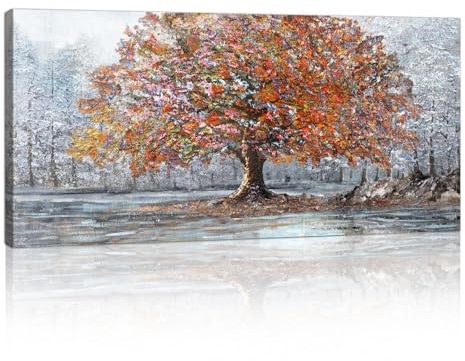 Nature Orange Trees Framed Wall Art Canvas Prints, Large Abstract Sliver & Orange Blossom Tree Canvas Paintings Pictures for Living Room Bedroom Home Wall Decoration Artwork Ready To Hang 50cmx100cm