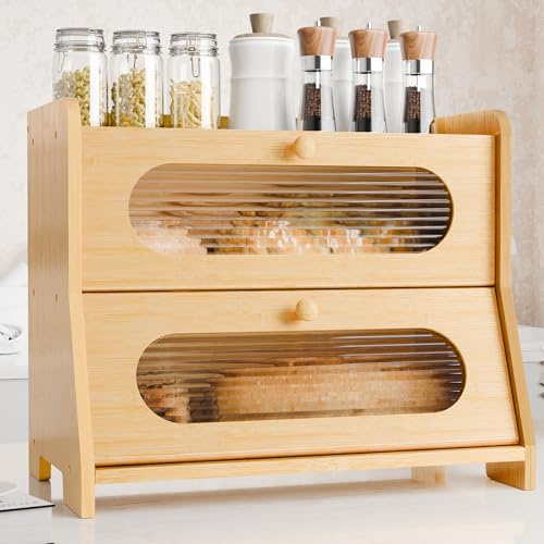 Stylstoreazy Brotkasten Bambus 2 Etagen,Groß Brotbox für Küche Brotaufbewahrung,Brot Aufbewahrungsbox mit Zusätzlicher Ablagefläche & Sichtfenster Fenster (Natur)
