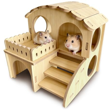 CllyCnny Wooden Hamster Hideout - Wood Hamster Hide House with Ladder Platform Small Pet Hut Habitat Detachable Hamsters Maze Cage Accessories for Dwarf Rat Gerbils Mouse and Other Tiny Animals