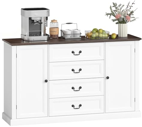 HOMCOM Credenza Cucina, Mobile Cucina con 4 Cassetti Soft Close, Piano d'appoggio Spesso, Credenza Buffet con Ripiani Regolabili, Stile Rustico, per Soggiorno, Sala da Pranzo, 147x40x87 cm, Bianco