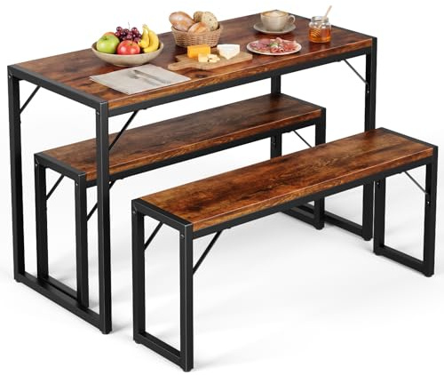 MAXLEAD Space Saving Dining Table with 2 Benches, Rustic Wooden Kitchen Table Set for Breakfast Nook, Home Bar & Small Dining Room - Dark Wood