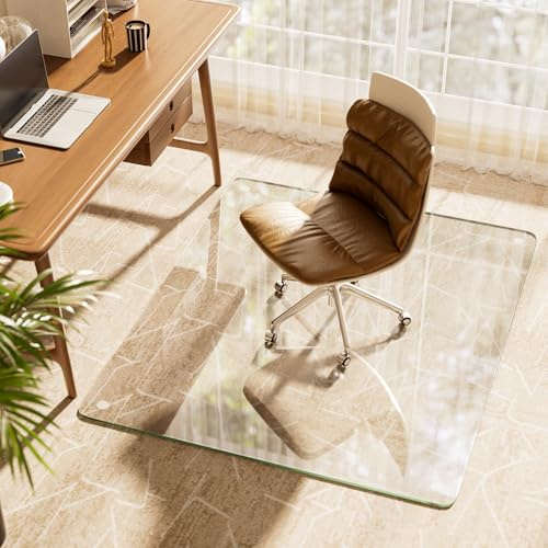 Koonmi Tempered Glass Chair Mat, 137 x 80 cm, Clear | Tempered safety glass, Protects carpet, wood, tile, parquet and laminate floors, For home and office chairs