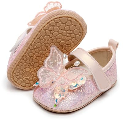 Himllauen Infant Baby Girl Dress Shoes Toddler Shiny 3D Butterfly Princess Mary Jane Flats Non-Slip Crib Adorable Newborn Shoes