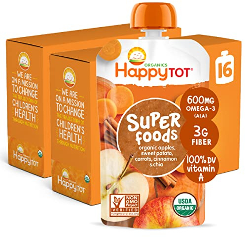 HAPPYTOT Organics Stage 4 Baby Food Pouches, Gluten Free, Vegan Snack, SuperFoods Fruit & Veggie Puree, Apples, Sweet Potatoes, Carrots, Cinnamon & Chia, 4.22 Ounce (Pack of 16)