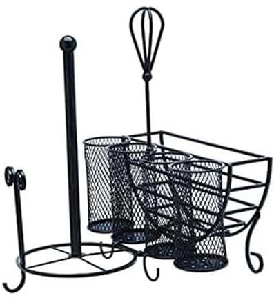 Mikasa Gourmet Basics Avilla Picnic Caddy, Antique Black Finish, Paper Plate Organizer with Flatware Canisters and Paper Towel Spindle, 15 x 14 x 13 in